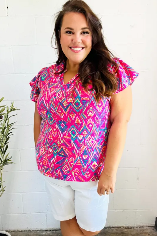 Eyes On You Fuchsia Boho Ikat Print Frill Notch Neck Top sold by Charming Charlie