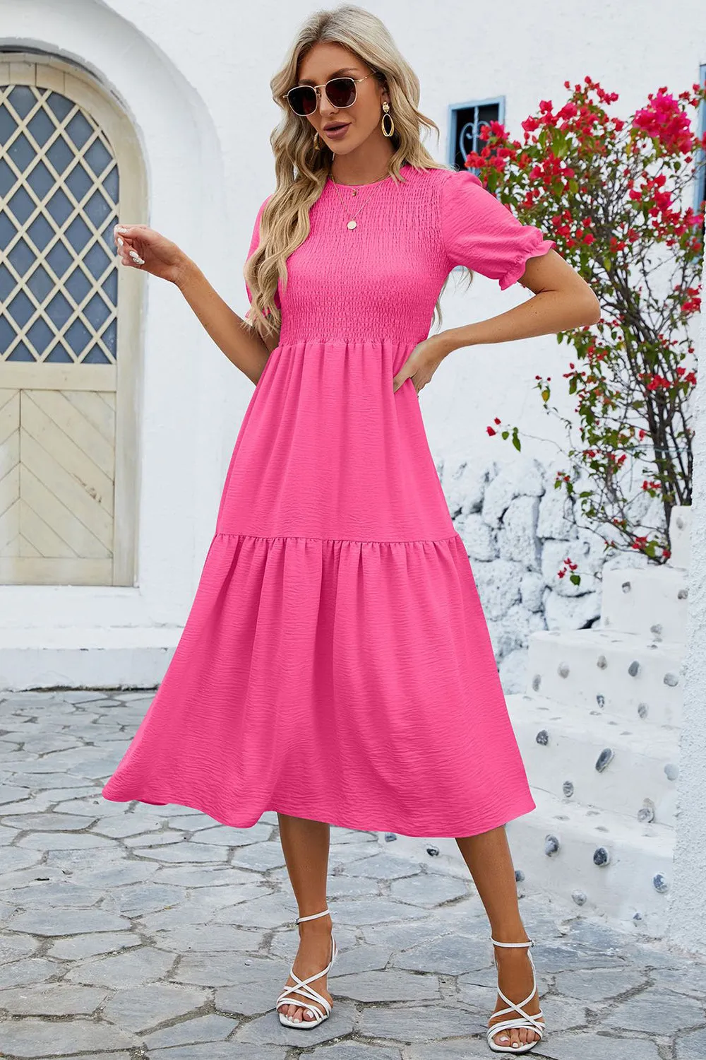 Smocked Round Neck Flounce Sleeve Midi Dress sold by Charming Charlie product image thumbnail 4