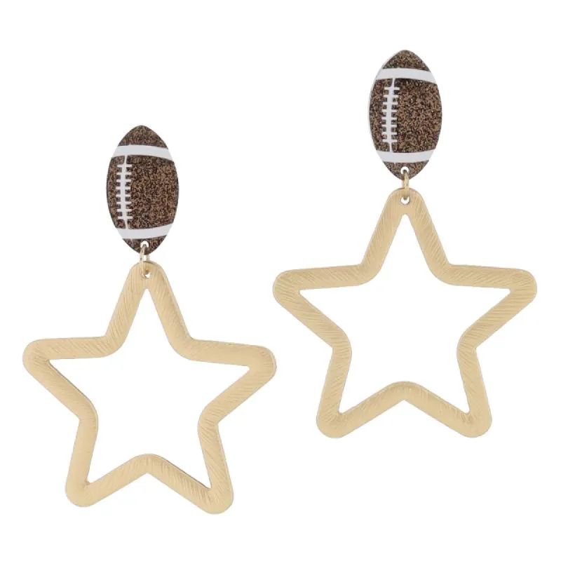 Brown Glitter Acrylic Football Post and Gold Textured Open Star Earrings, 2.5" Top to Bottom sold by Charming Charlie