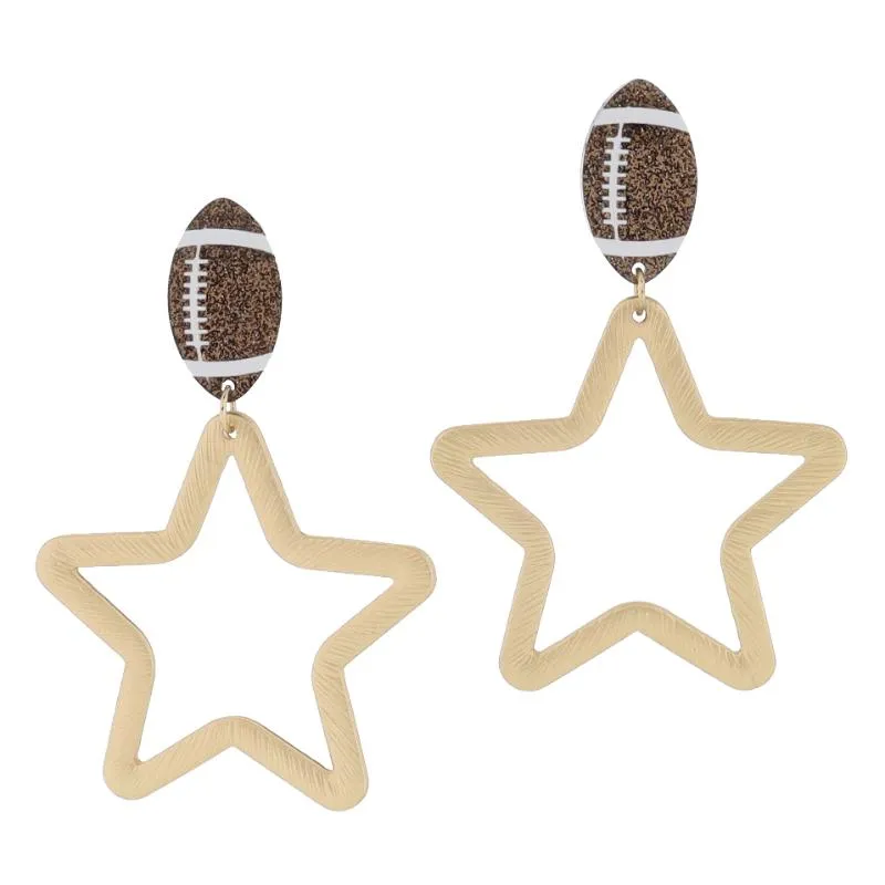Brown Glitter Acrylic Football Post and Gold Textured Open Star Earrings, 2.5" Top to Bottom sold by Charming Charlie