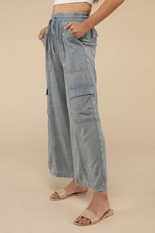 Washed Linen Elastic Band Waist Cargo Pants sold by Charming Charlie