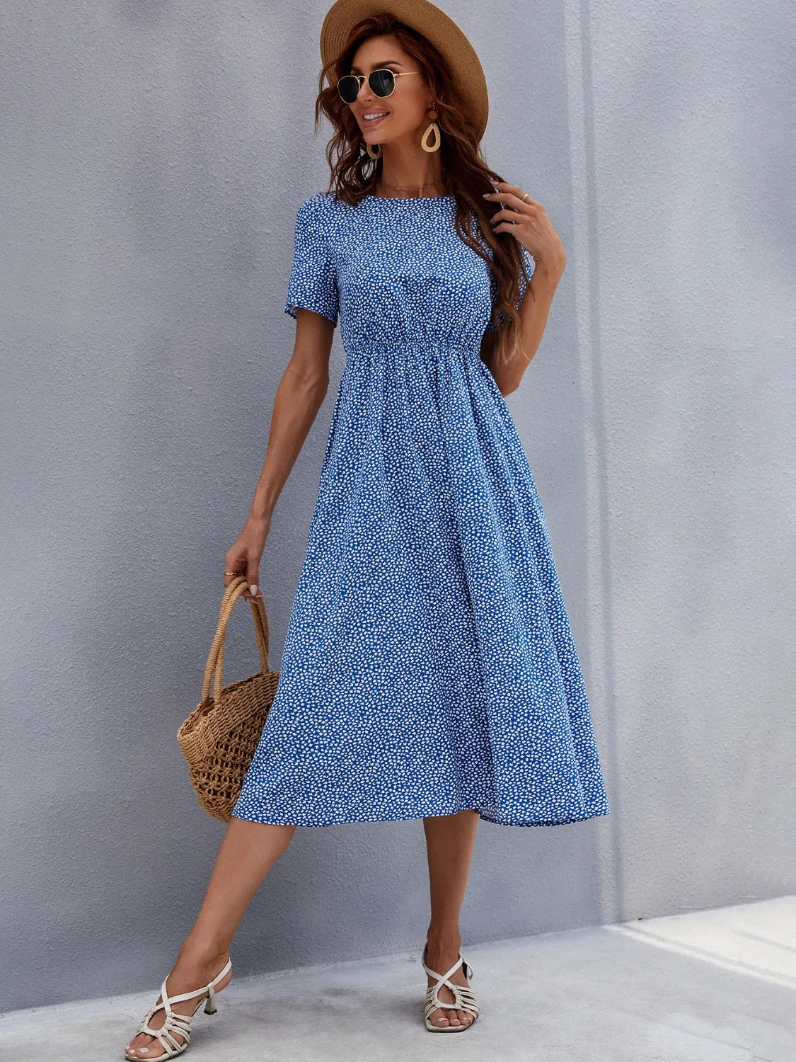 Printed Round Neck Short Sleeve Midi Dress sold by Charming Charlie