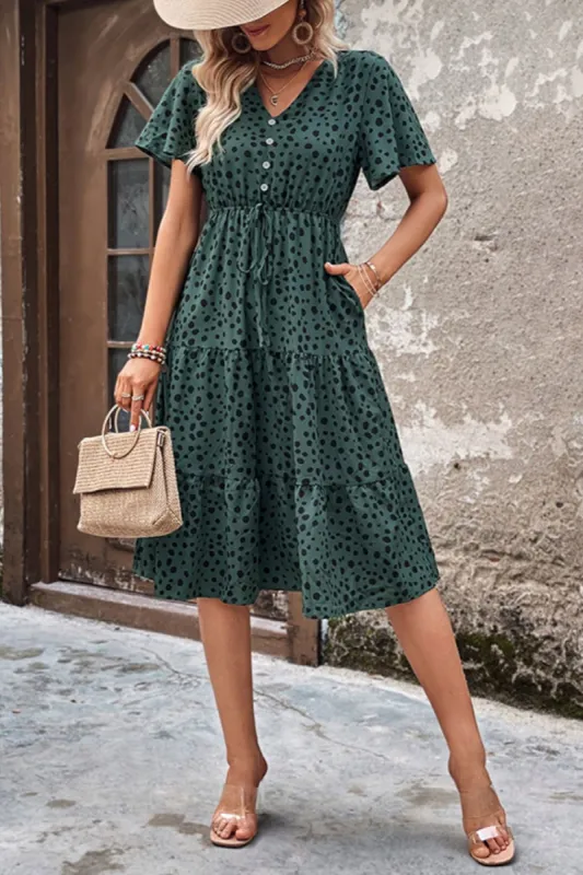 Printed Buttoned V-Neck Flutter Sleeve Dress sold by Charming Charlie