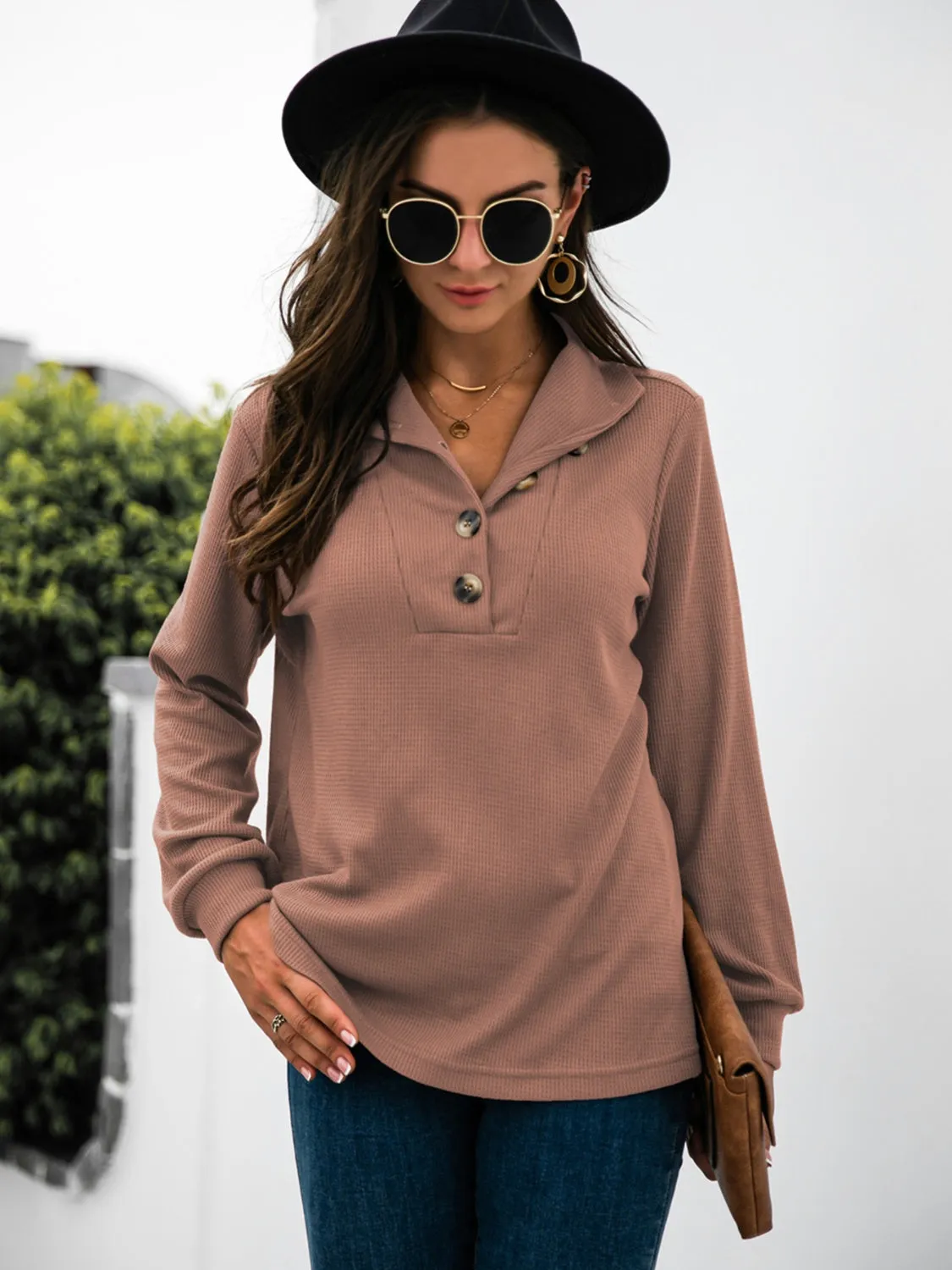 Half Button Long Sleeve T-Shirt sold by Charming Charlie