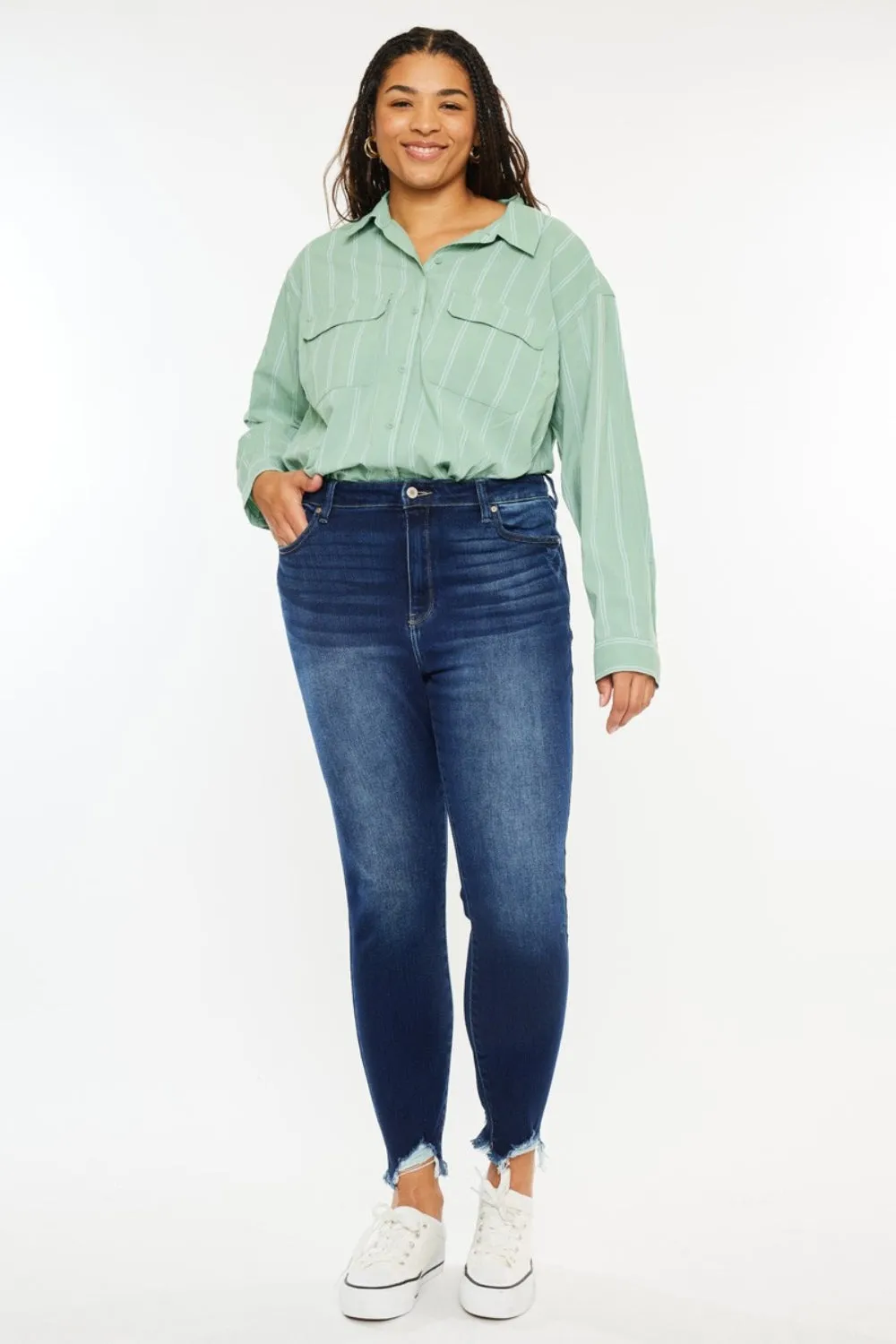 Kancan Full Size High Rise Frayed Ankle Skinny Jeans sold by Charming Charlie