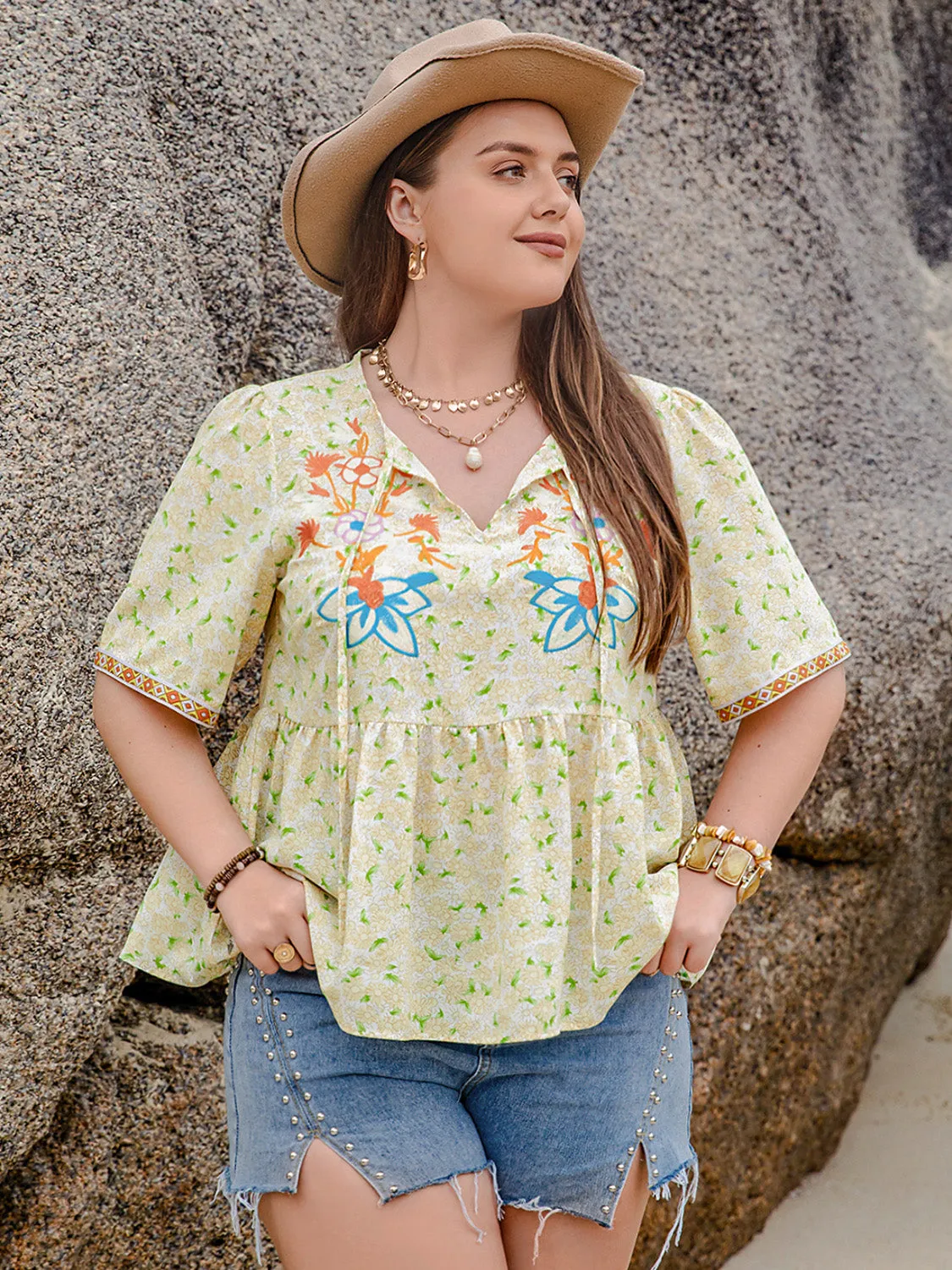 Plus Size Printed Tie Neck Half Sleeve Blouse sold by Charming Charlie