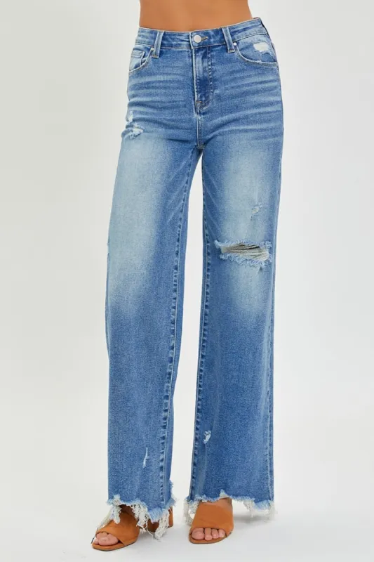Risen Full Size High Rise Frayed Hem Wide Leg Jeans sold by Charming Charlie