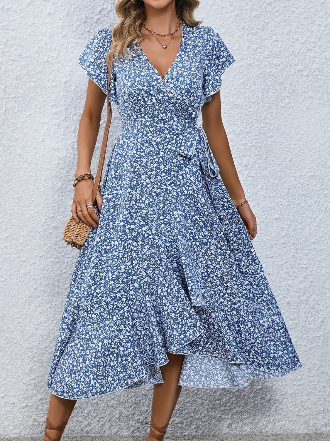 Printed Surplice Flutter Sleeve Midi Dress sold by Charming Charlie