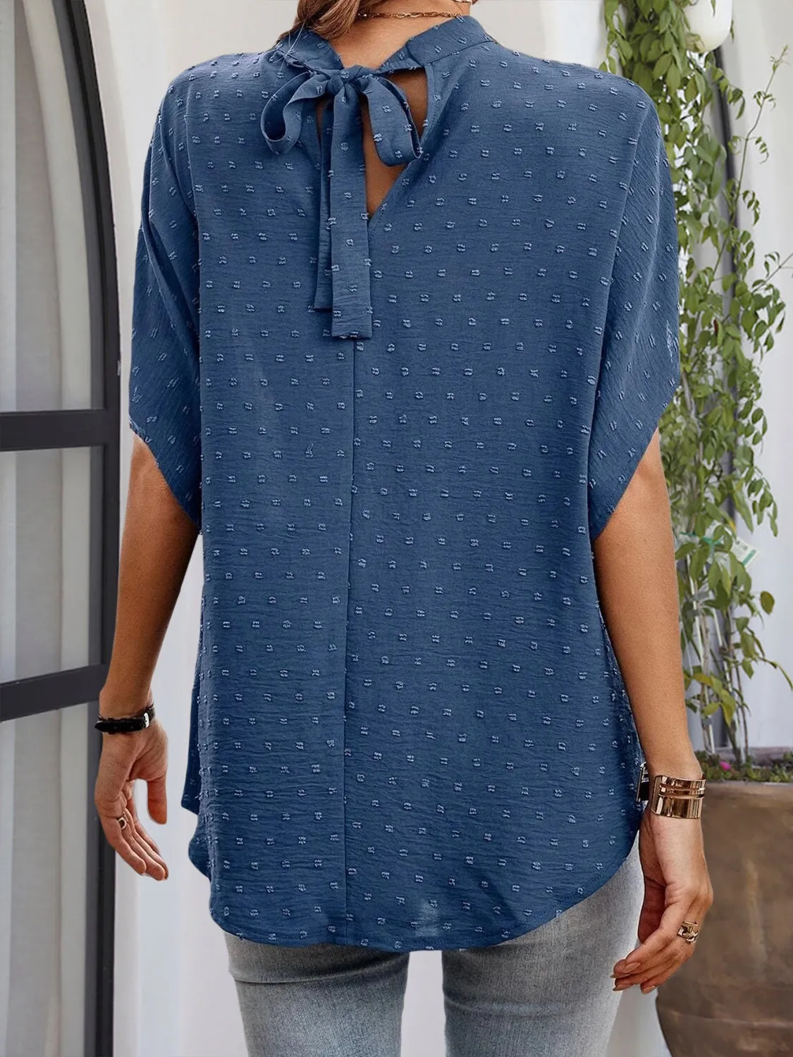 Swiss Dot Mock Neck Half Sleeve Blouse sold by Charming Charlie product image thumbnail 3