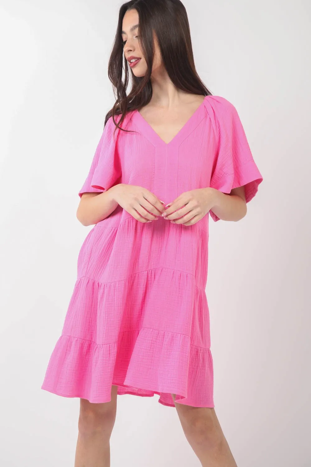 VERY J Texture V-Neck Ruffled Tiered Dress sold by Charming Charlie