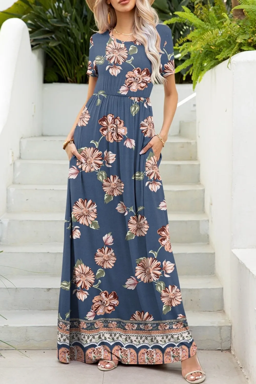 Printed Round Neck Short Sleeve Maxi Dress sold by Charming Charlie