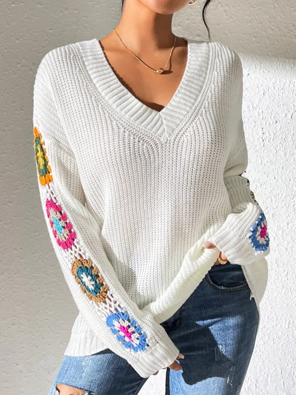 Crochet Flower V-Neck Sweater sold by Charming Charlie