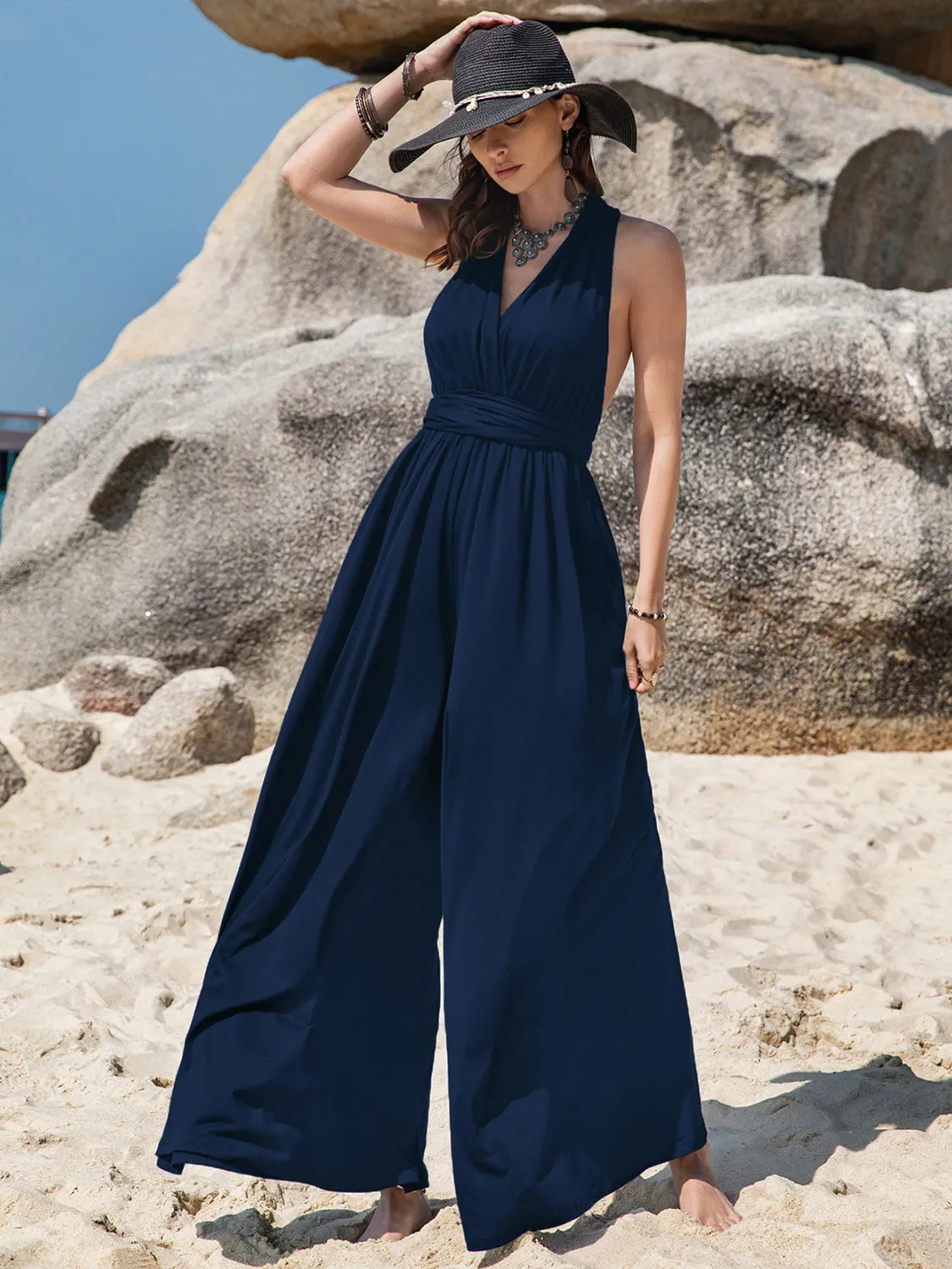 Surplice Wide Leg Jumpsuit with Free Tie sold by Charming Charlie