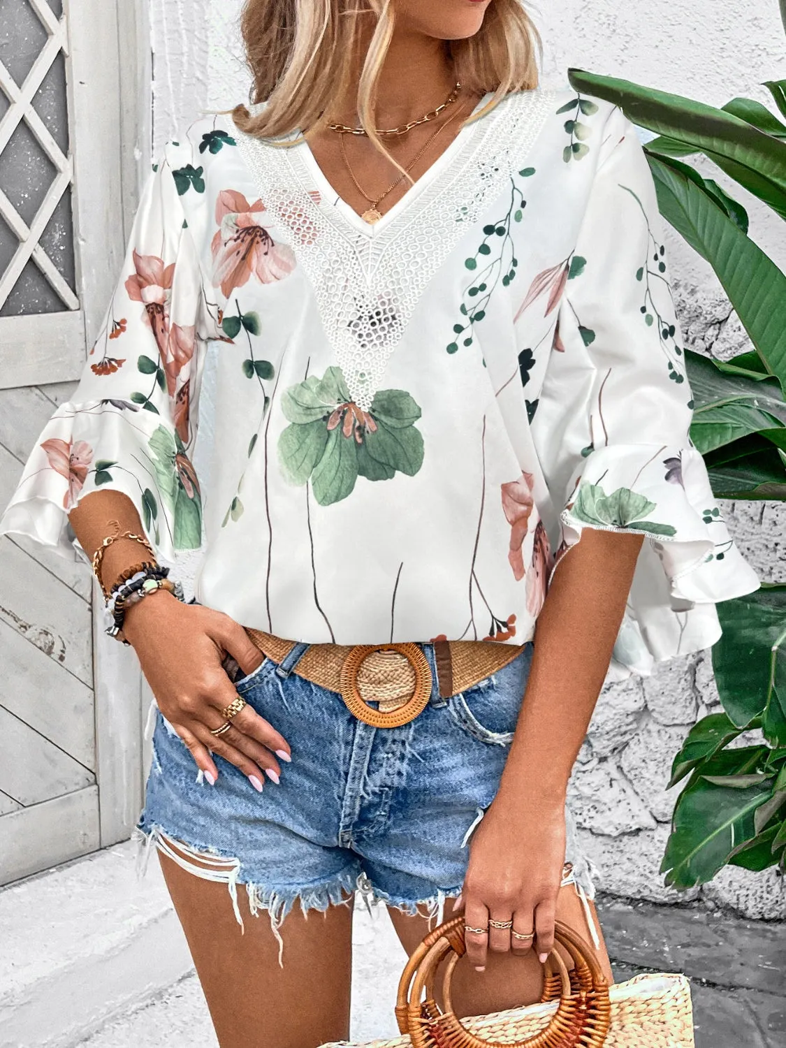 Ruffled Printed V-Neck Half Sleeve Blouse sold by Charming Charlie product image thumbnail 5