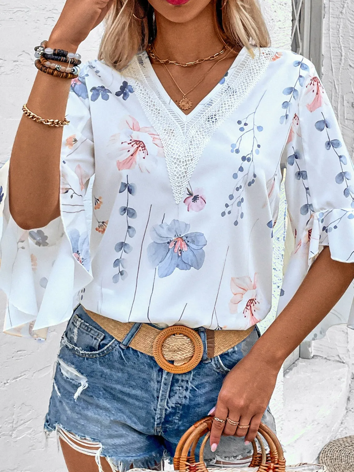 Ruffled Printed V-Neck Half Sleeve Blouse sold by Charming Charlie product image thumbnail 3