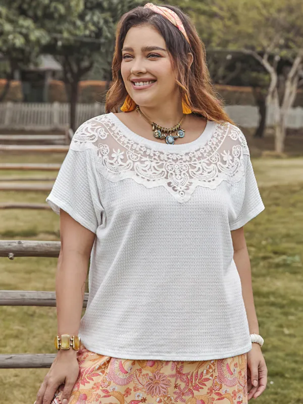 Plus Size Lace Detail Round Neck Short Sleeve Top sold by Charming Charlie