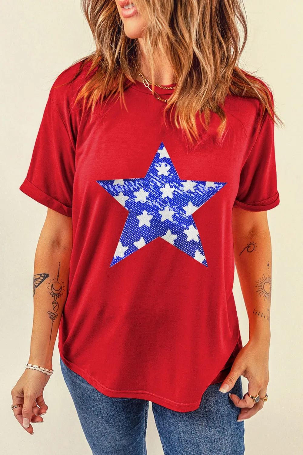 Sequin Star Round Neck Short Sleeve T-Shirt sold by Charming Charlie