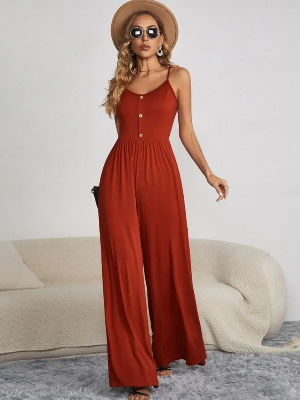 Decorative Button Spaghetti Strap Wide Leg Jumpsuit sold by Charming Charlie