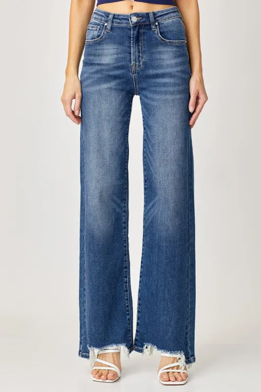 Risen Full Size High Rise Frayed Hem Wide Leg Jeans sold by Charming Charlie