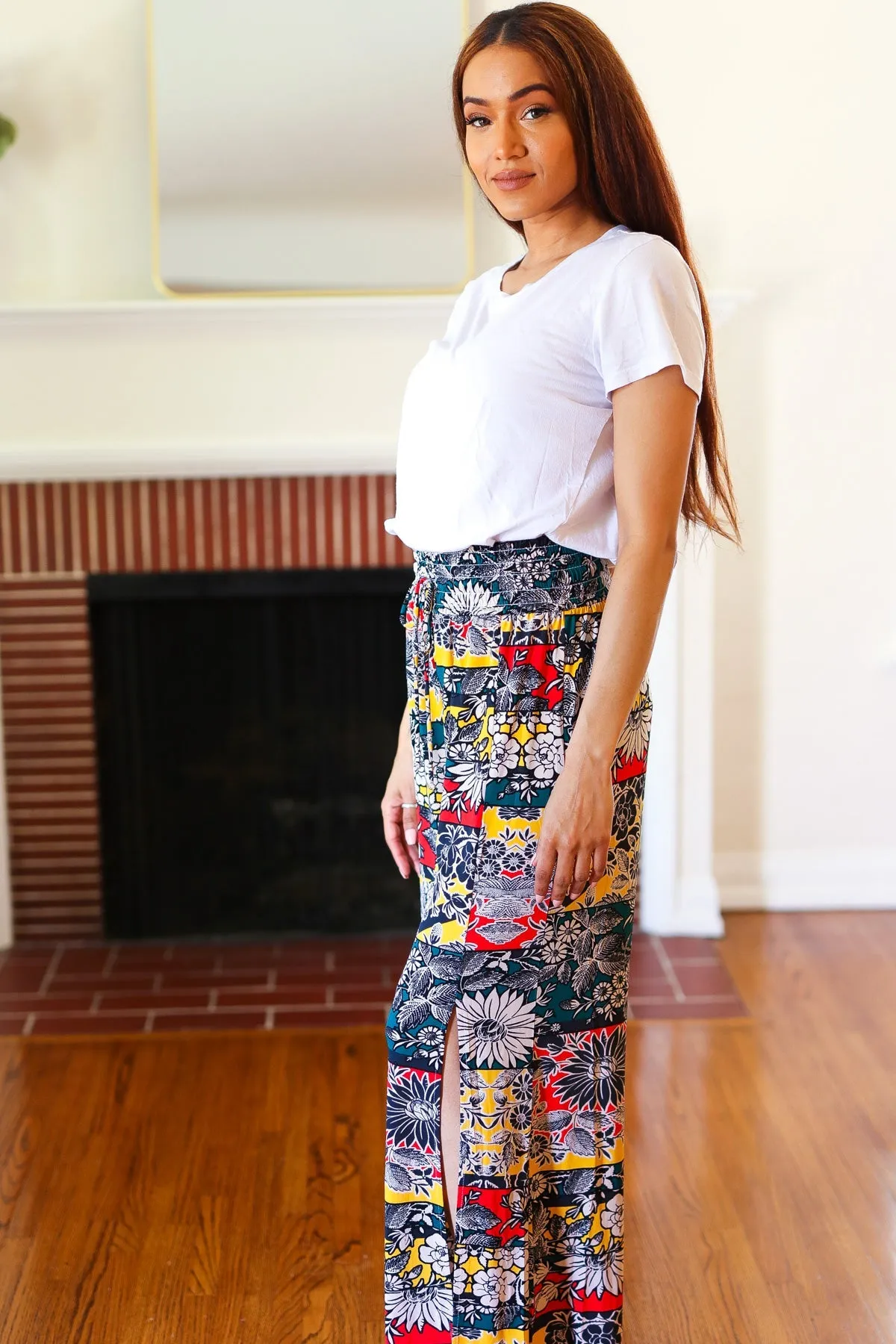 Vacay Vibes Teal Floral Smocked Waist Side Slit Palazzo Pants sold by Charming Charlie product image thumbnail 4