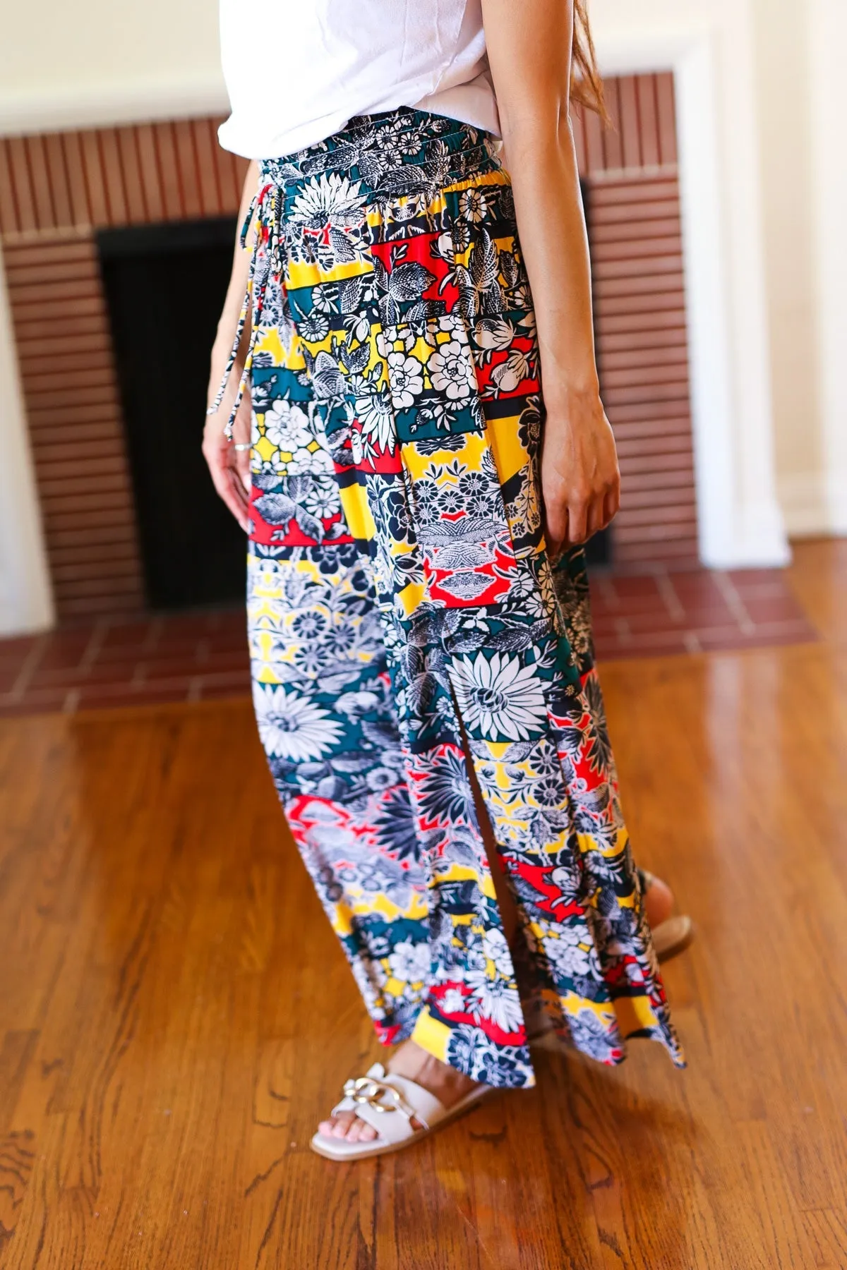 Vacay Vibes Teal Floral Smocked Waist Side Slit Palazzo Pants sold by Charming Charlie product image thumbnail 3