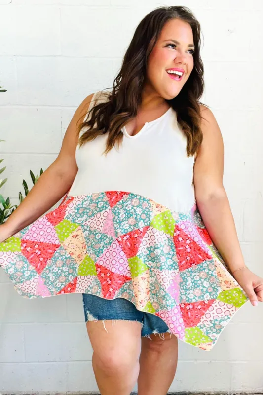 Feeling Femme Beige Patchwork Notched Neck Shark bite Top sold by Charming Charlie