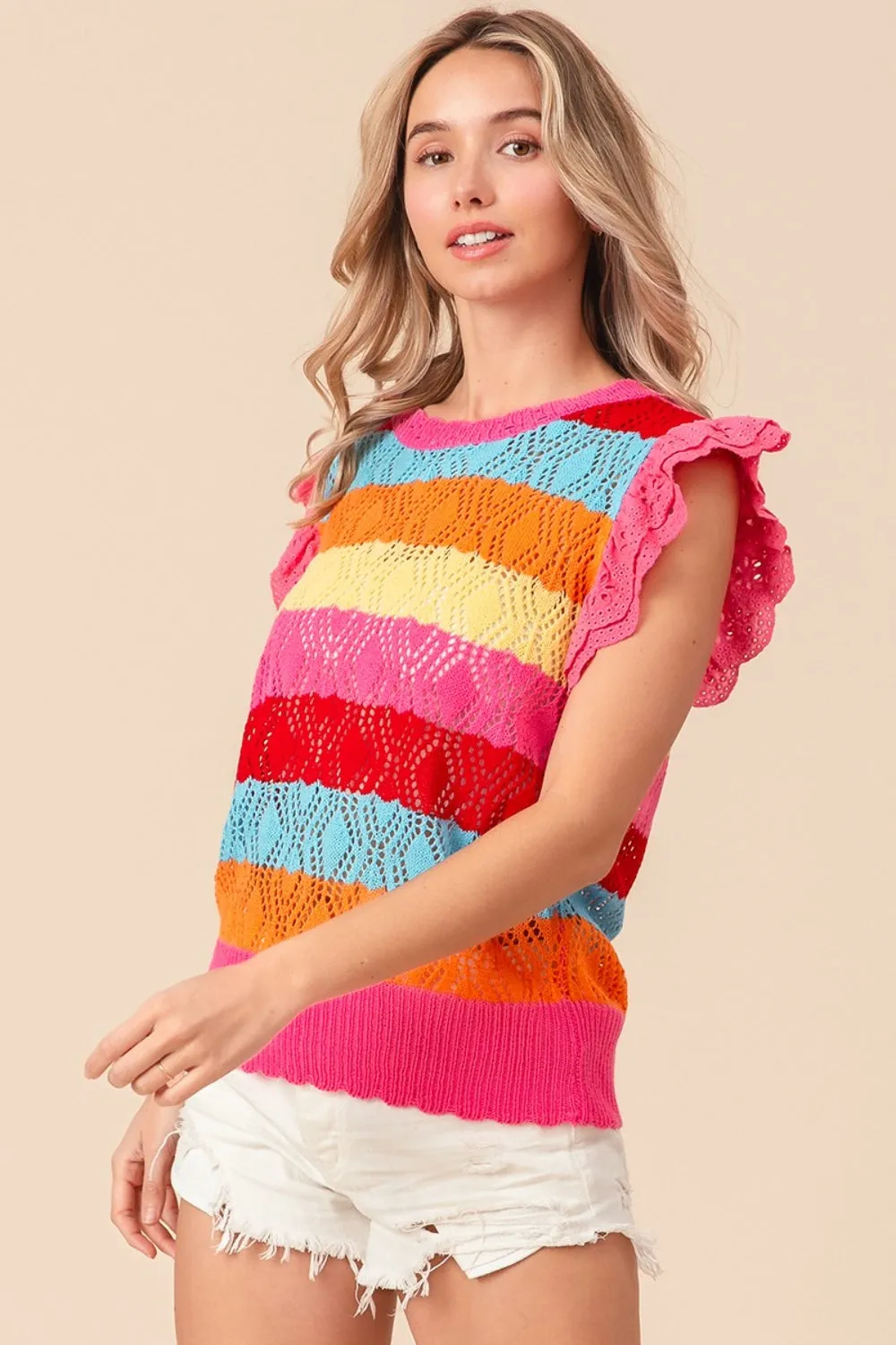 BiBi Pointelle Striped Ruffled Knit Top sold by Charming Charlie product image thumbnail 2