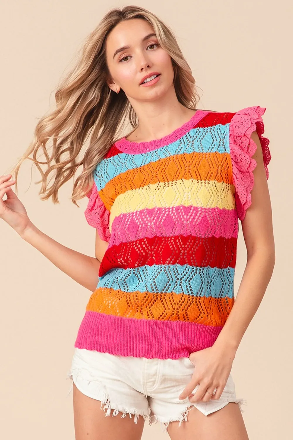 BiBi Pointelle Striped Ruffled Knit Top sold by Charming Charlie product image thumbnail 3