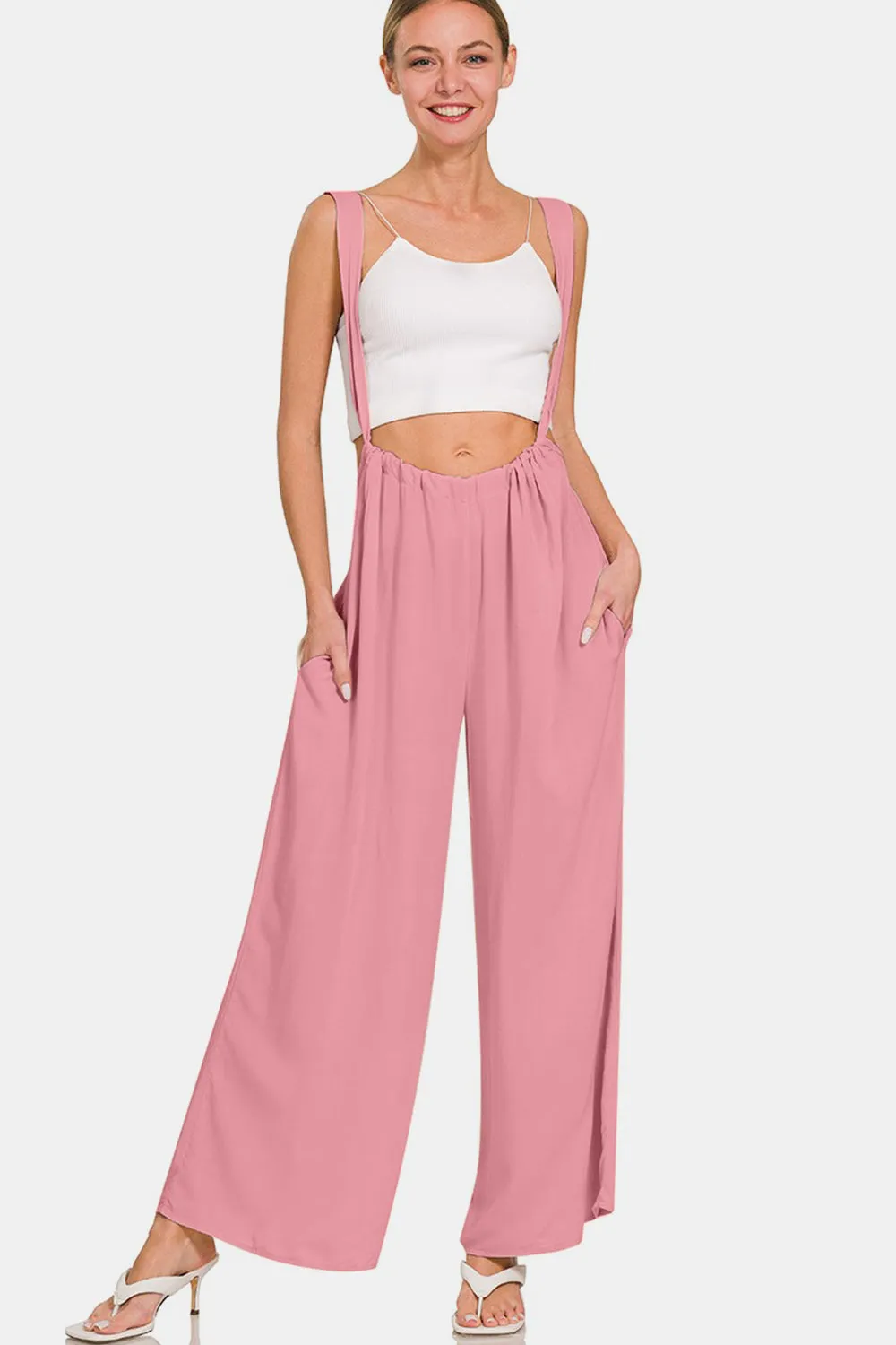 Zenana Pocketed Wide Strap Wide Leg Overalls sold by Charming Charlie