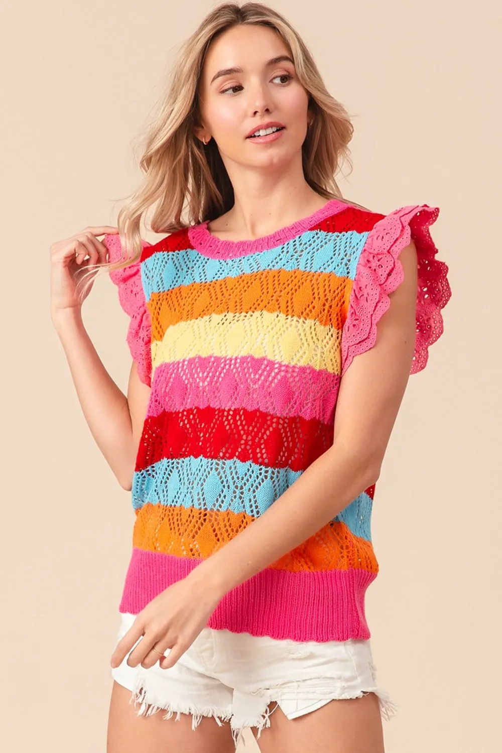BiBi Pointelle Striped Ruffled Knit Top sold by Charming Charlie product image thumbnail 4