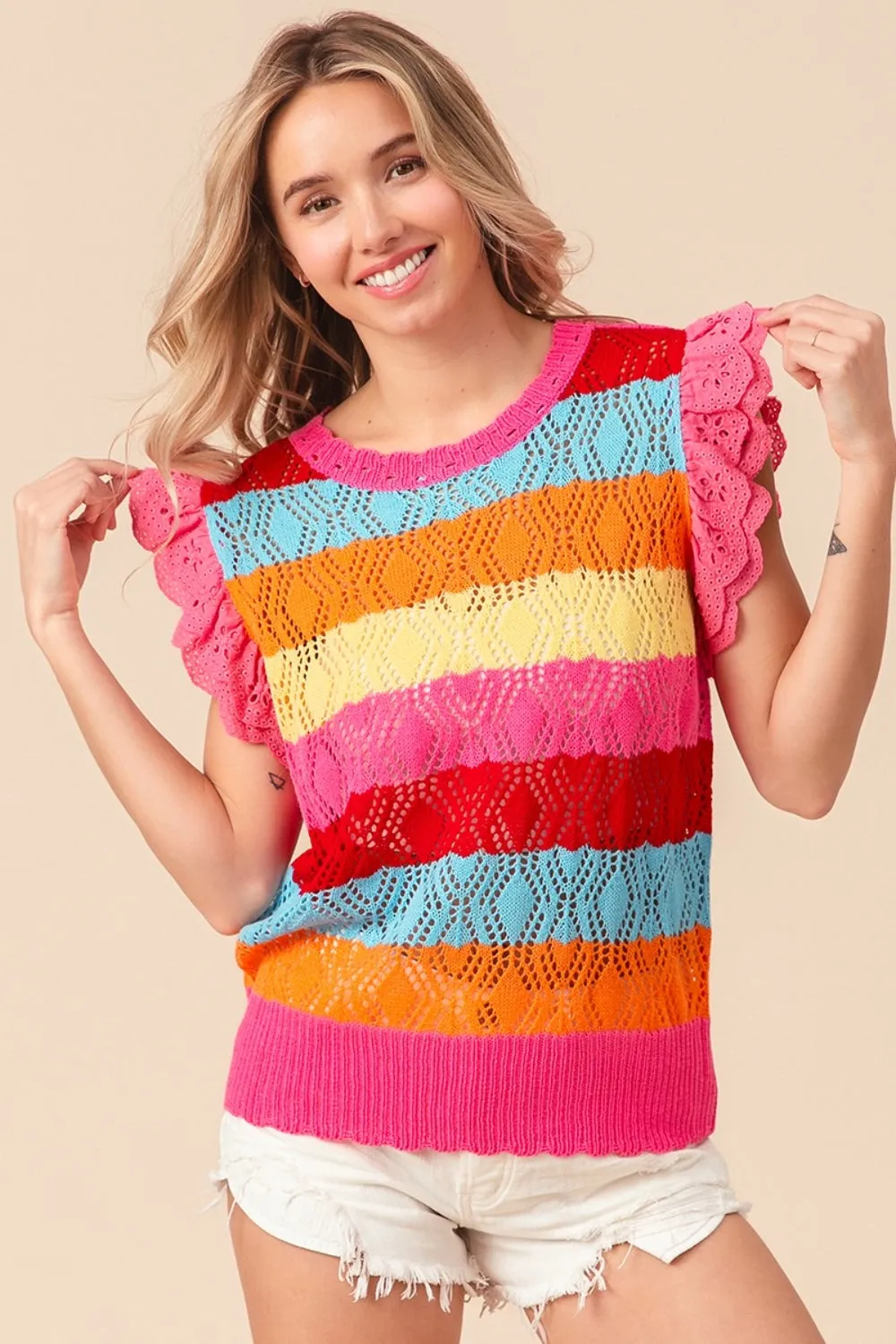 BiBi Pointelle Striped Ruffled Knit Top sold by Charming Charlie
