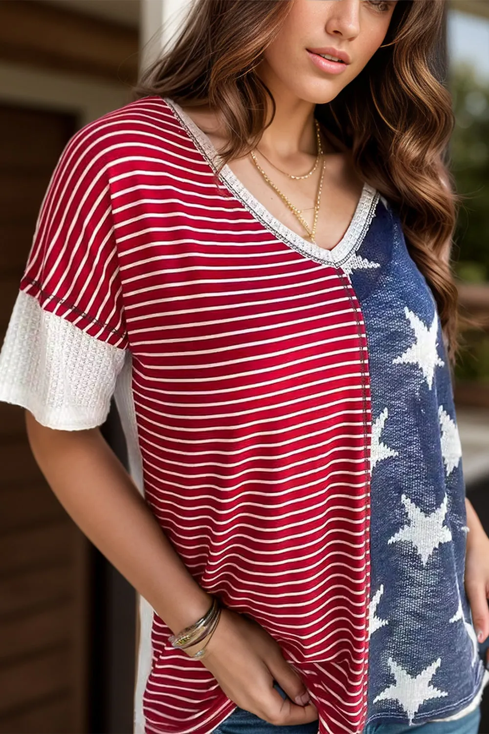 Stars and Stripes V-Neck Half Sleeve T-Shirt sold by Charming Charlie product image thumbnail 3