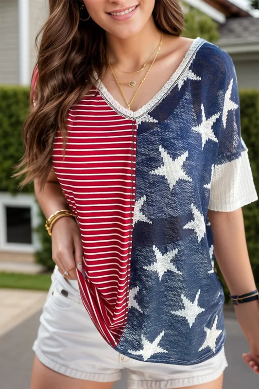 Stars and Stripes V-Neck Half Sleeve T-Shirt sold by Charming Charlie