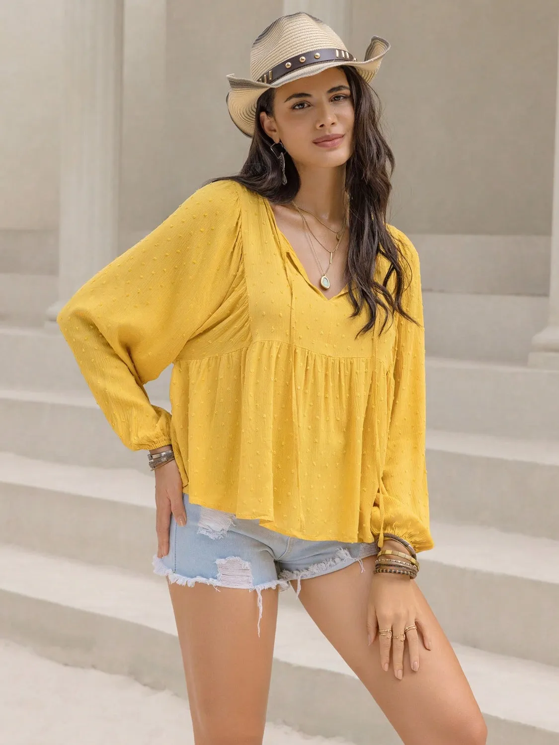 Swiss Dot Tie Neck Long Sleeve Blouse sold by Charming Charlie product image thumbnail 3