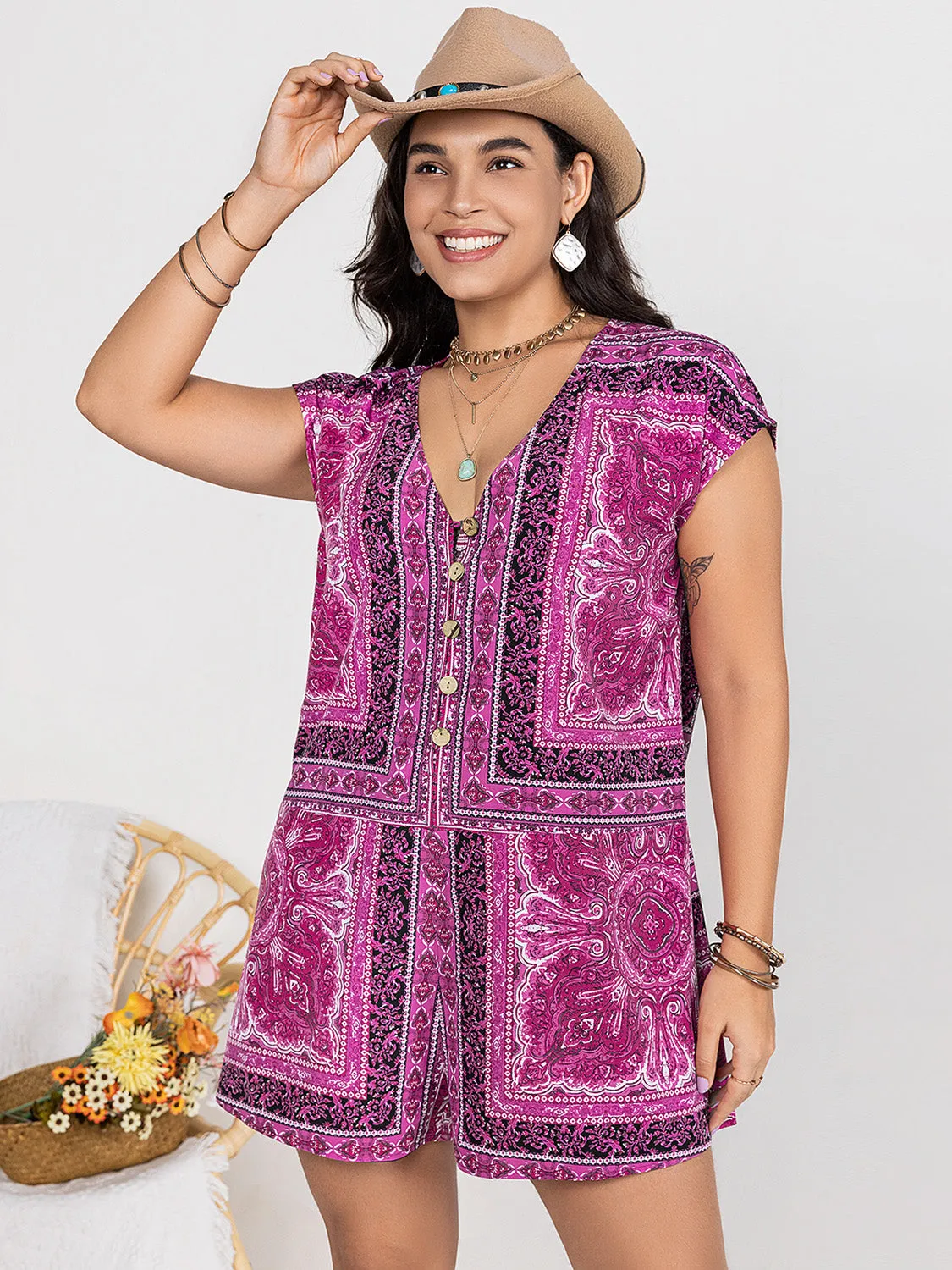 Plus Size Printed V-Neck Cap Sleeve Romper sold by Charming Charlie product image thumbnail 3