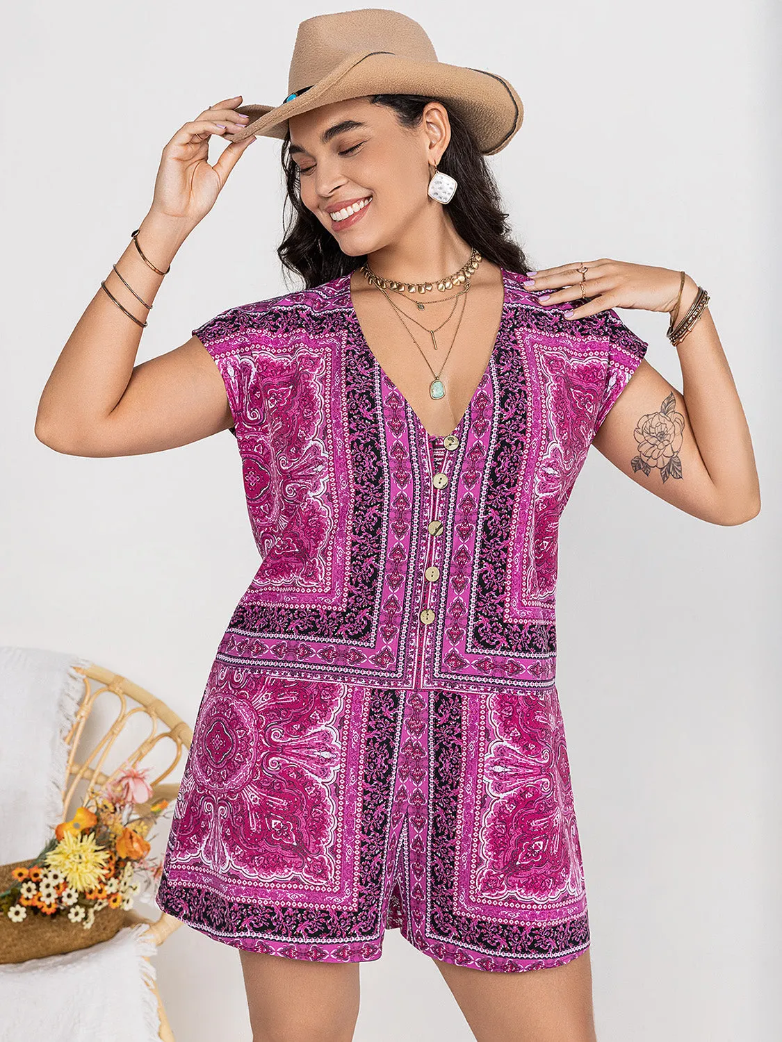 Plus Size Printed V-Neck Cap Sleeve Romper sold by Charming Charlie