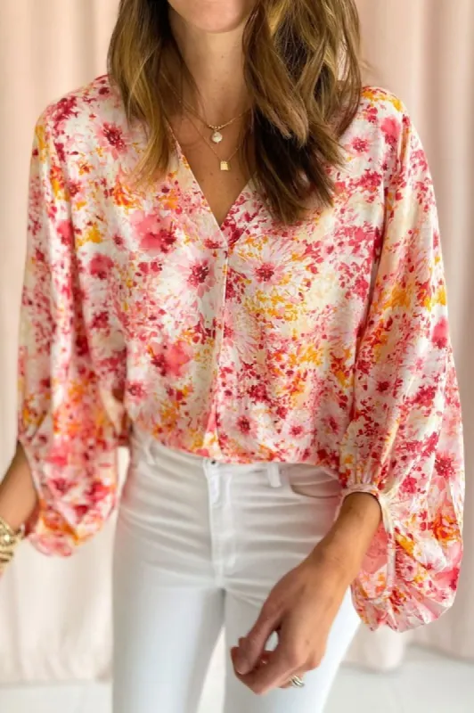 Women Pink Floral Bubble Sleeve V Neck Blouse sold by Charming Charlie