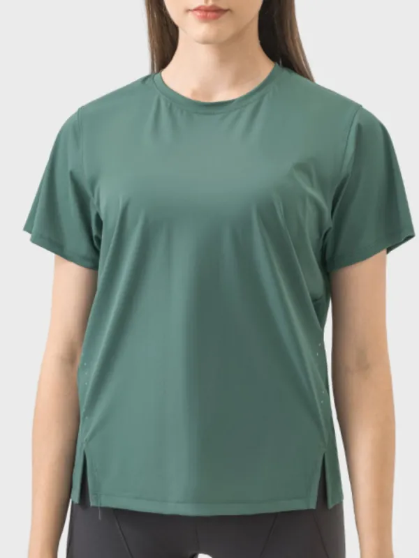 Slit Round Neck Short Sleeve Active T-Shirt sold by Charming Charlie