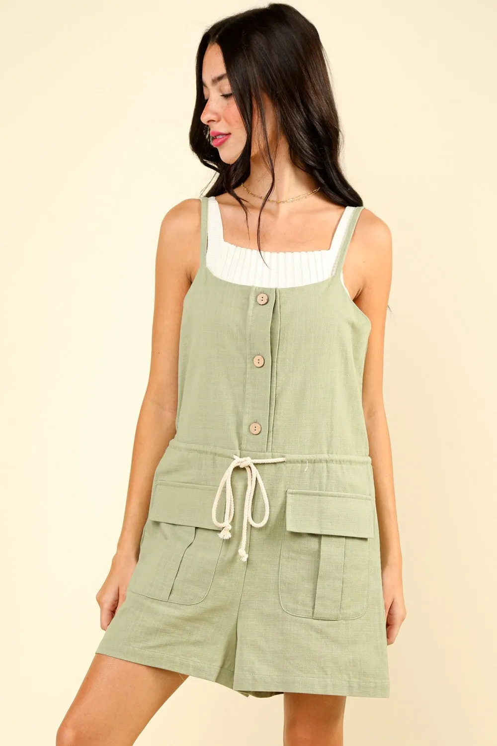 VERY J Half Button Drawstring Sleeveless Romper sold by Charming Charlie product image thumbnail 4