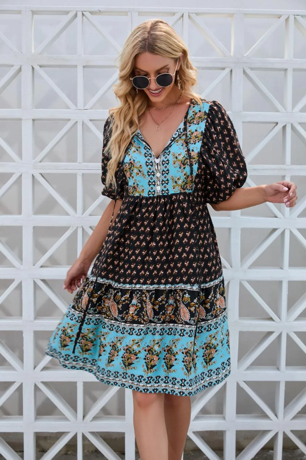 Printed Tie Neck Half Sleeve Dress sold by Charming Charlie