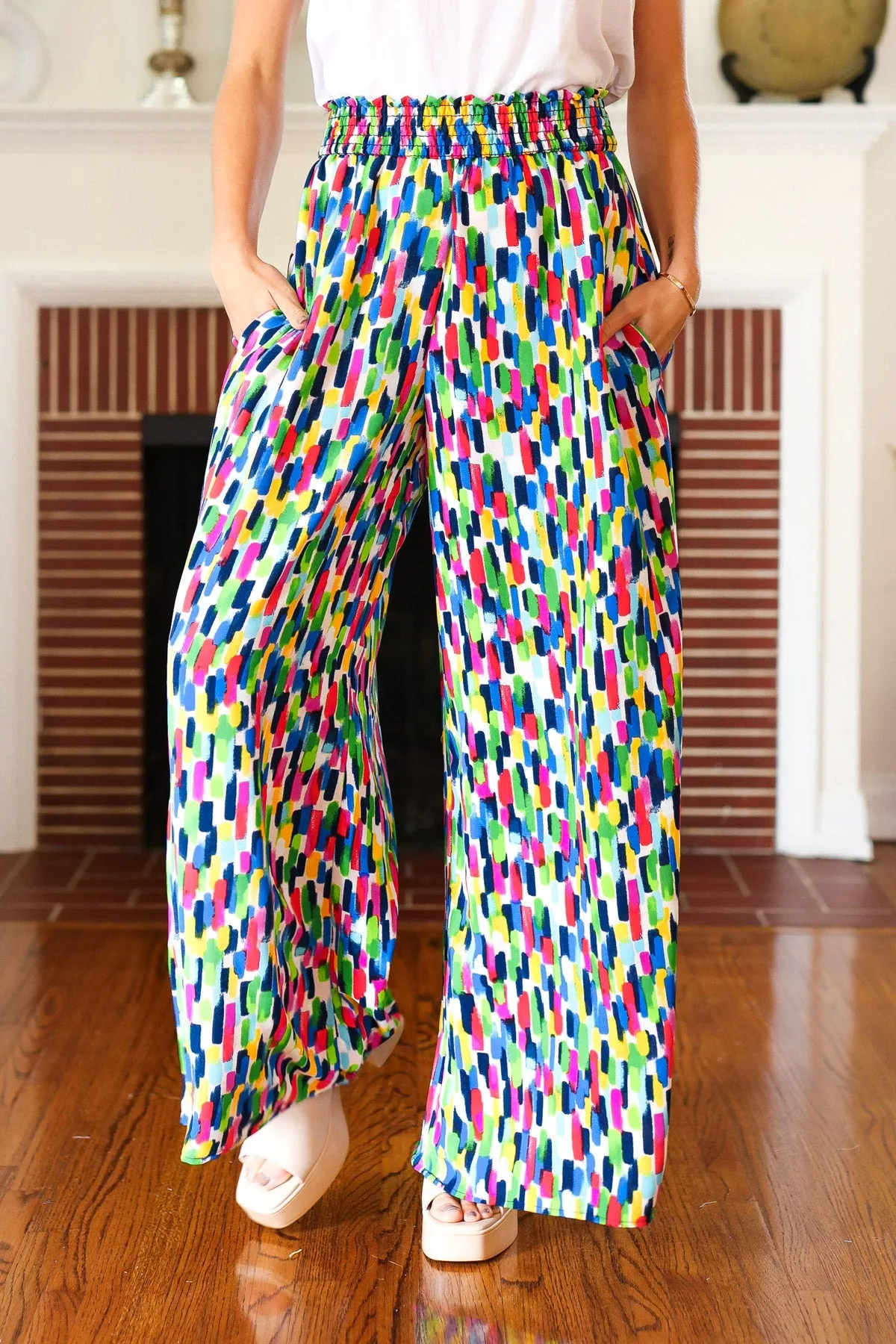Stand Out Navy & Green Abstract Print Smocked Waist Palazzo Pants sold by Charming Charlie product image thumbnail 2