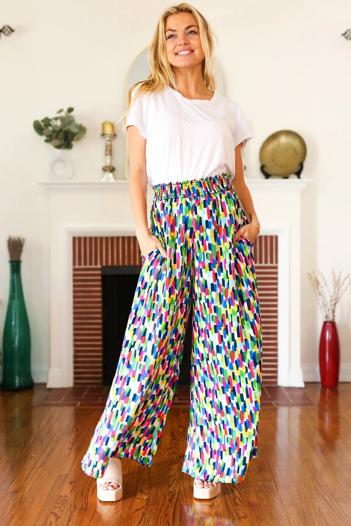 Stand Out Navy & Green Abstract Print Smocked Waist Palazzo Pants sold by Charming Charlie product image thumbnail 3