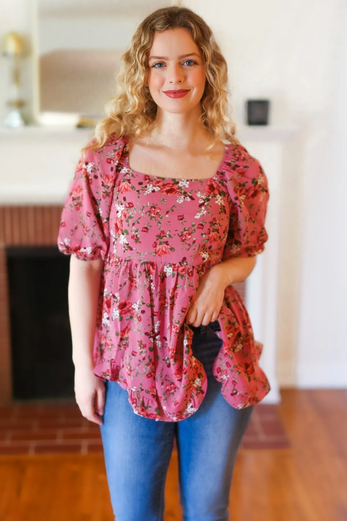 Just So Sweet Dusty Rose Floral Print Smocked Puff Sleeve Top sold by Charming Charlie product image thumbnail 4