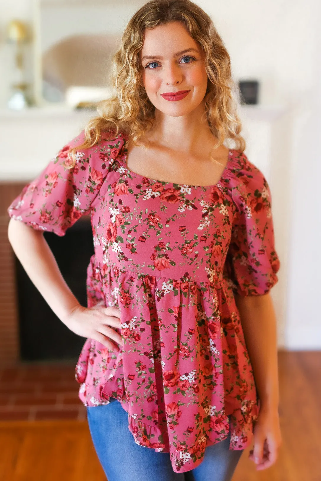 Just So Sweet Dusty Rose Floral Print Smocked Puff Sleeve Top sold by Charming Charlie