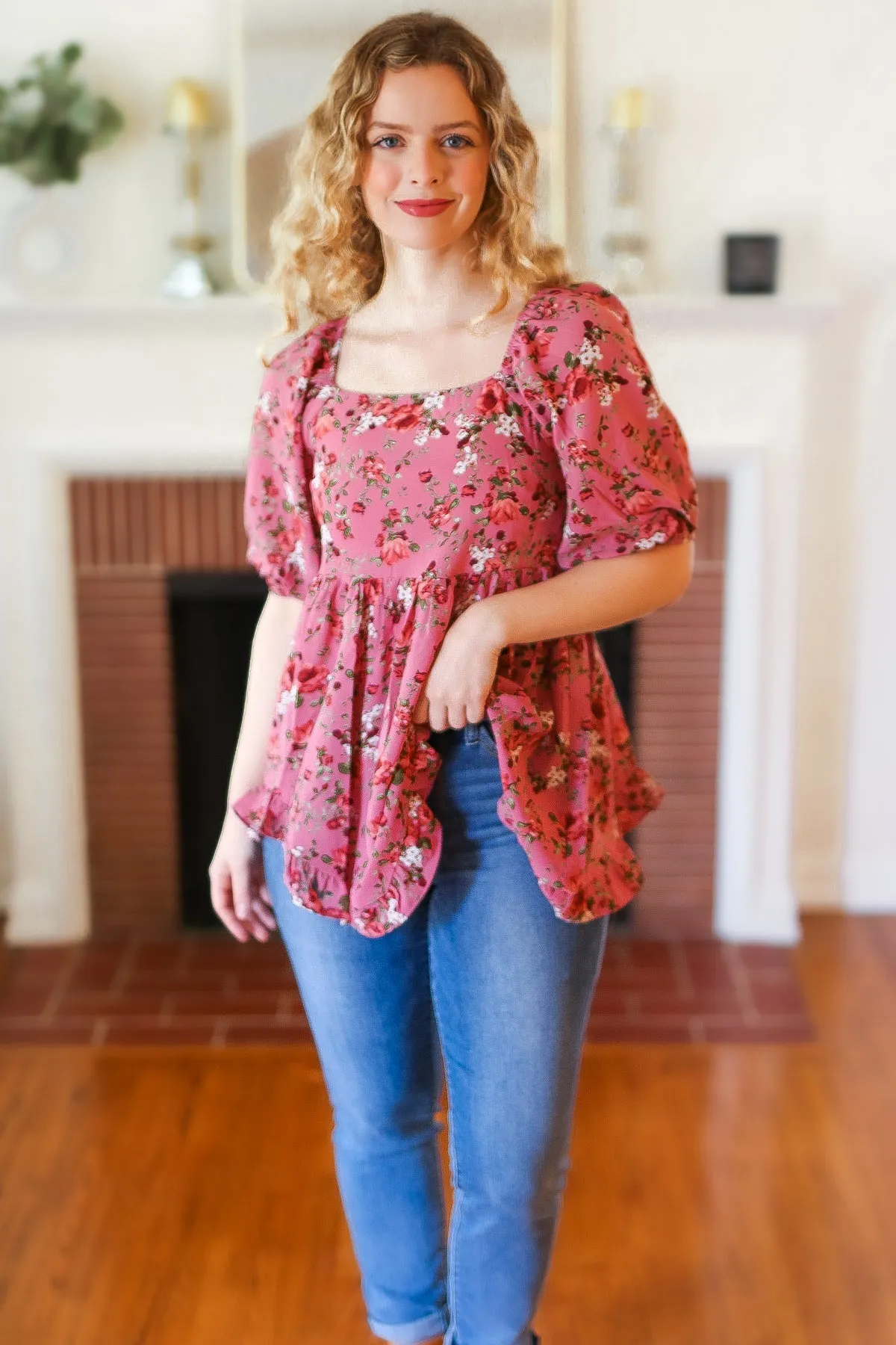 Just So Sweet Dusty Rose Floral Print Smocked Puff Sleeve Top sold by Charming Charlie product image thumbnail 2