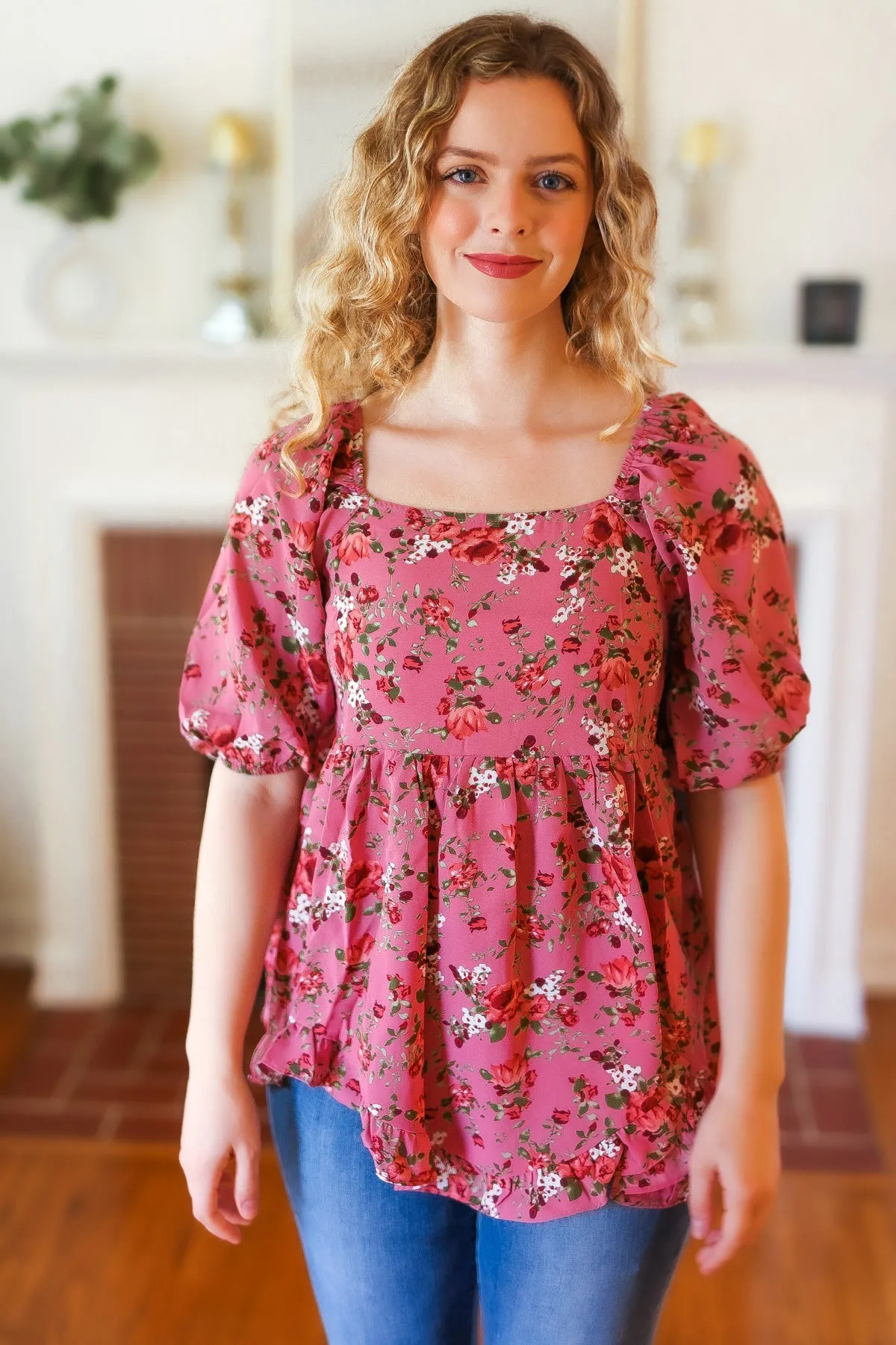 Just So Sweet Dusty Rose Floral Print Smocked Puff Sleeve Top sold by Charming Charlie product image thumbnail 5