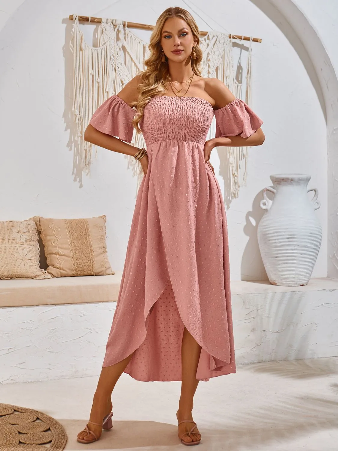 High-Low Smocked Short Sleeve Midi Dress sold by Charming Charlie product image thumbnail 5