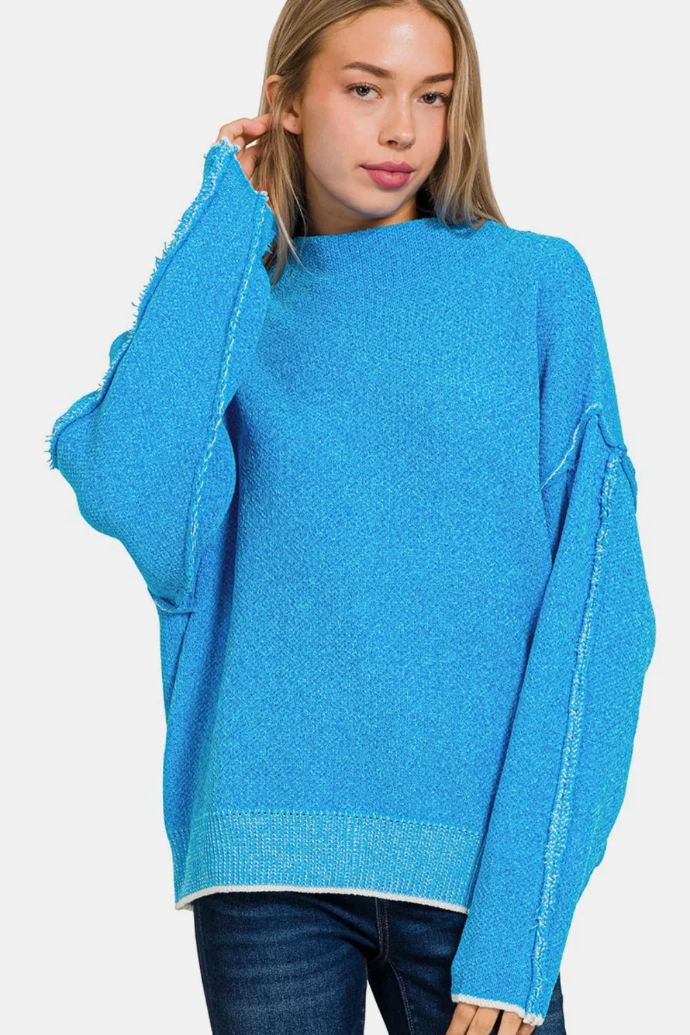 Zenana Exposed Seam Mock Neck Long Sleeve Sweater sold by Charming Charlie