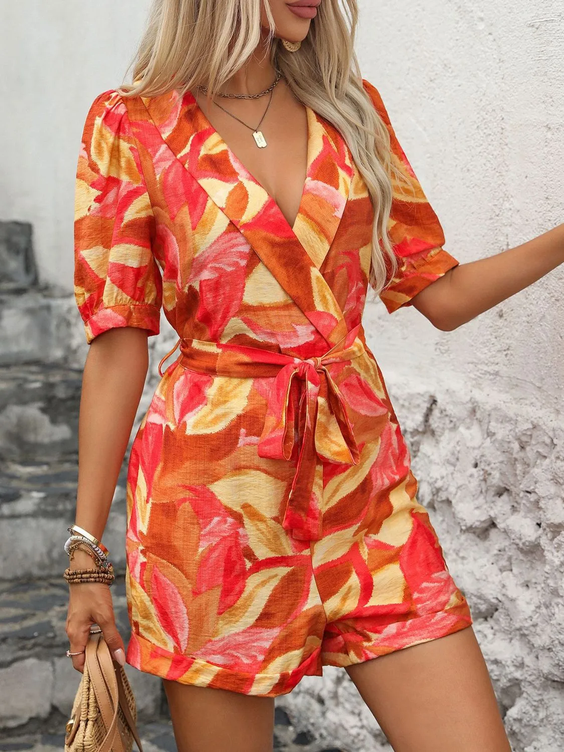 Printed Surplice Half Sleeve Romper sold by Charming Charlie product image thumbnail 4
