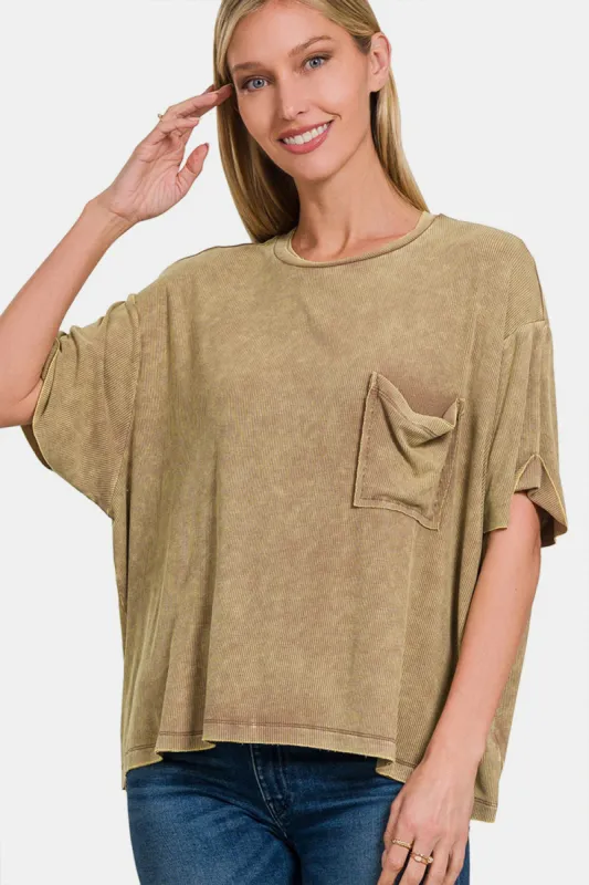 Zenana Ribbed Round Neck Drop Shoulder T-Shirt sold by Charming Charlie